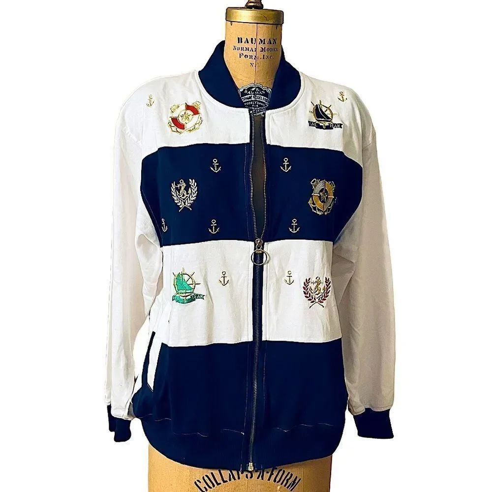 Nautical theme Full zip sweatshirt jacket - 80’s Blue and White, Mureli